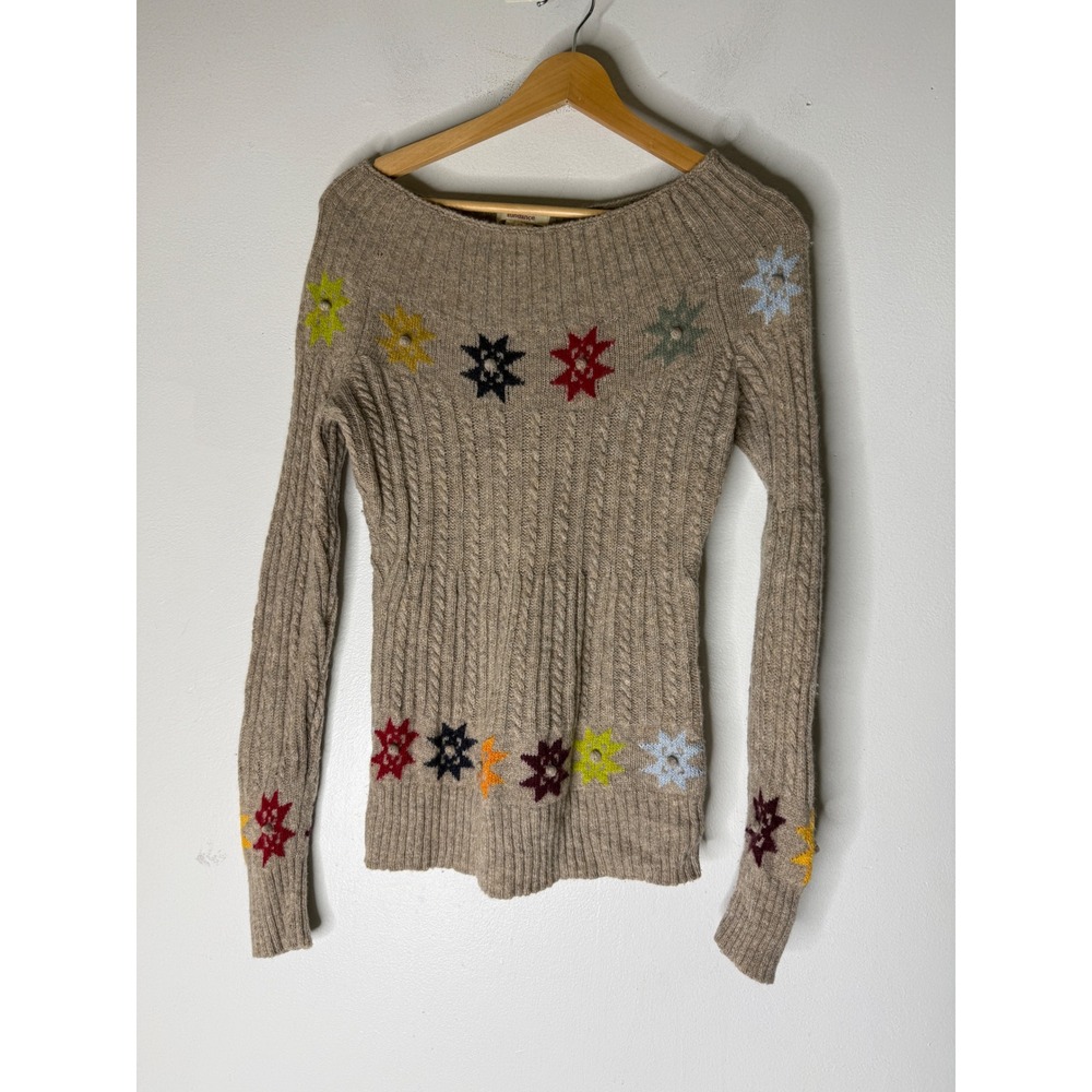 Sundance Lambswool Blend Cable Knit Embroidered Starburst Sweater Beige XS